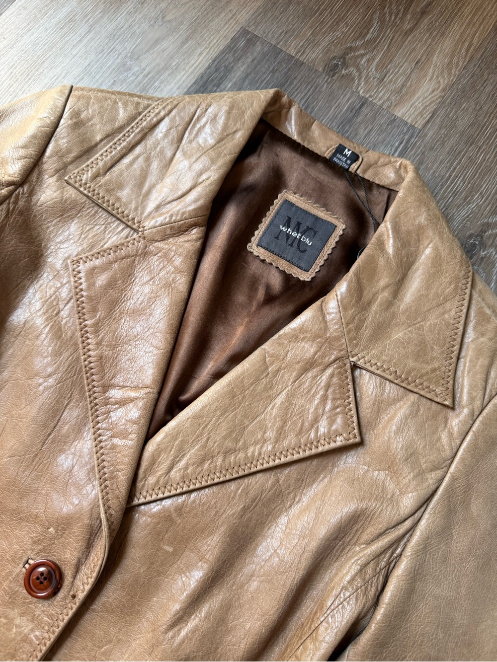 NYC Vintage Y2K Tan Leather Blazer Jacket Size Medium - Picture 5 of 7